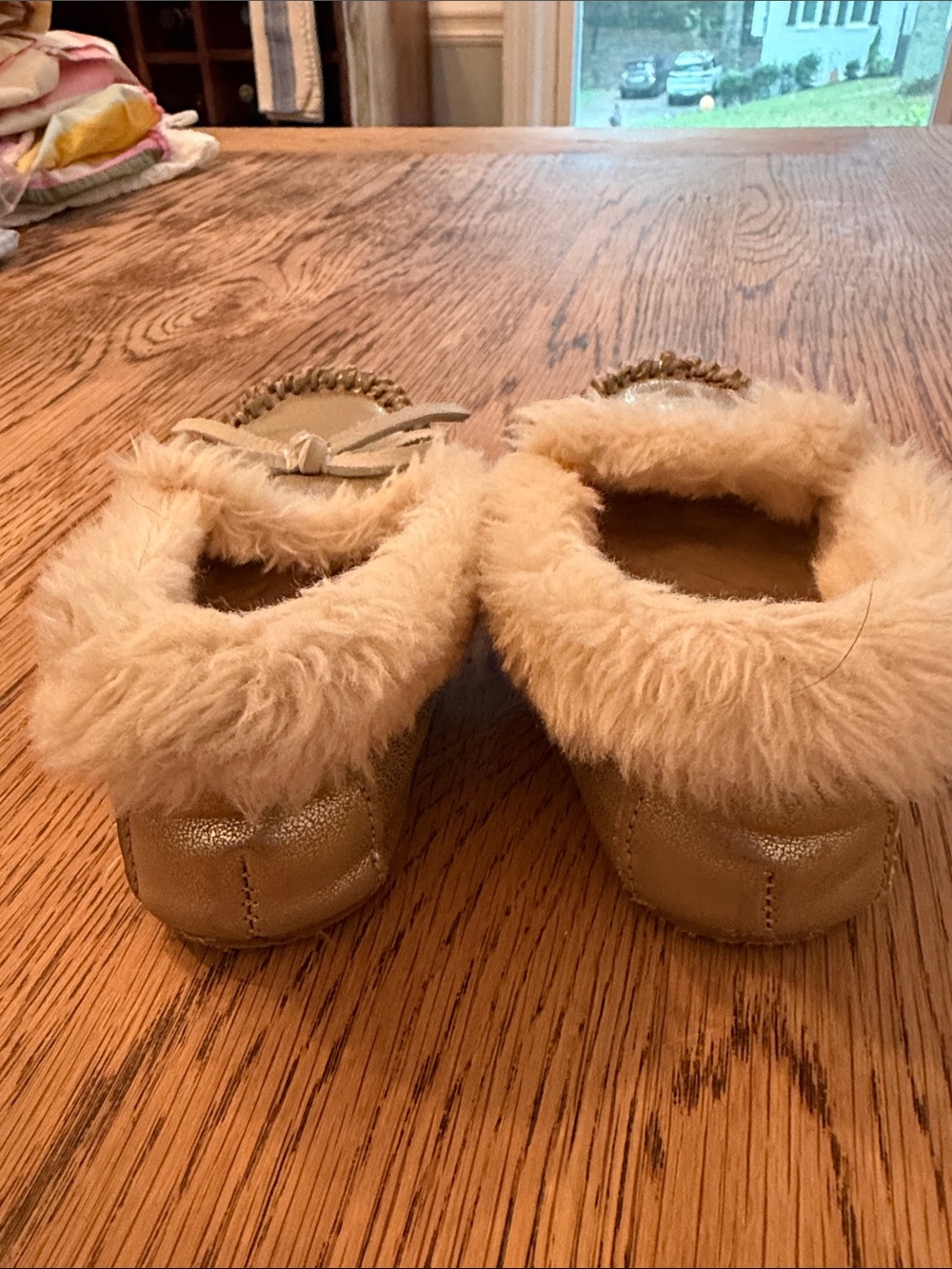 Crewcuts Gold Faux-Fur Trim Moccasin Slippers - Picture 3 of 7